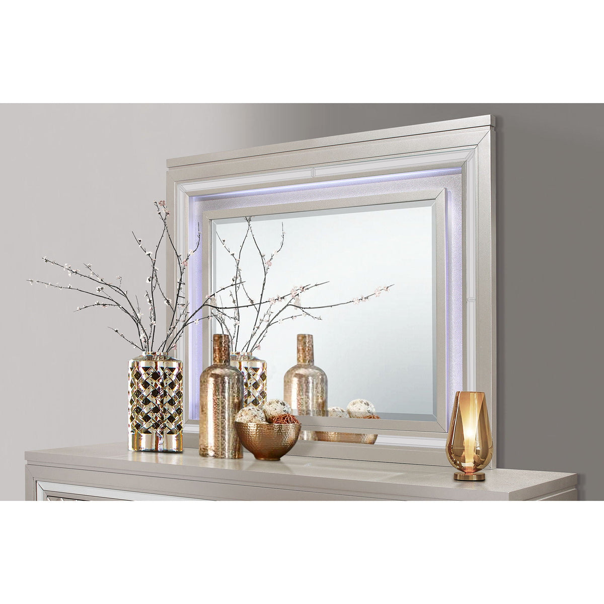 Glam Mirror with LED Light Champagne finish HouseOfZazla wall mirror with illuminated frame on Tampa Home & Garden Store