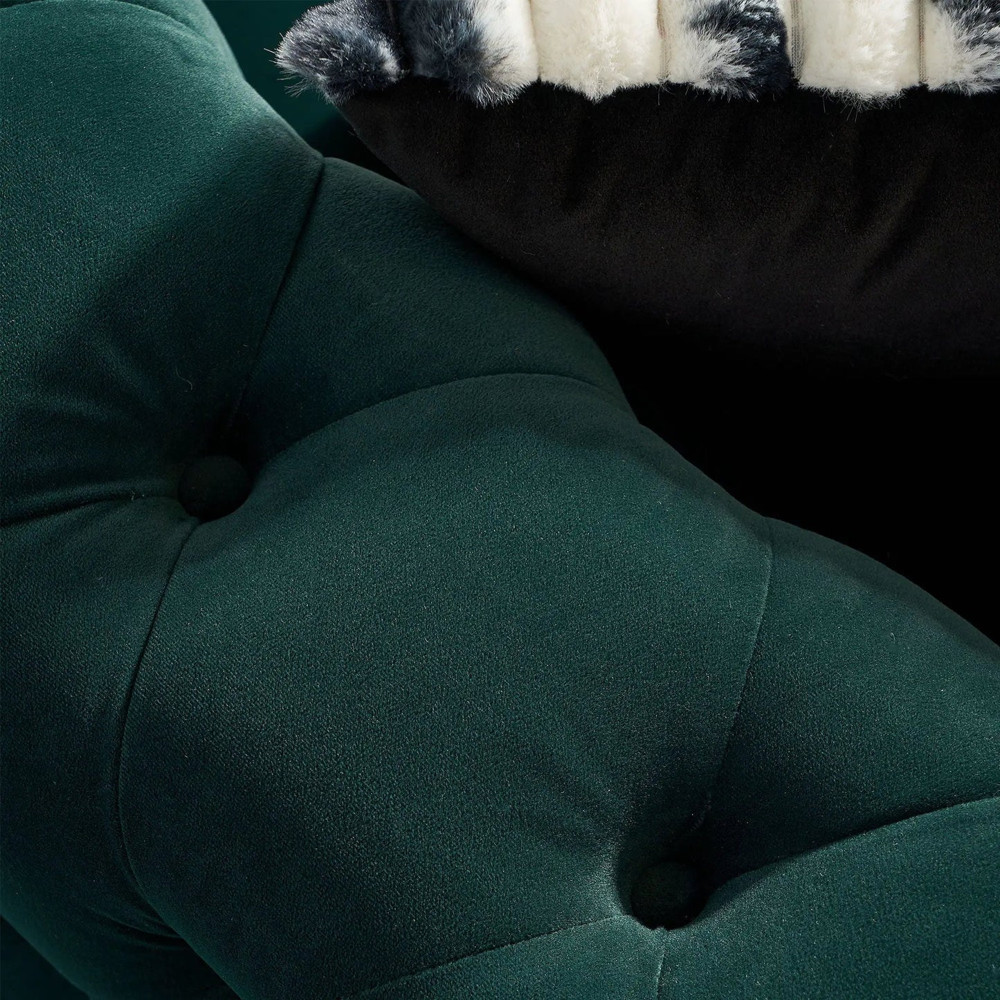 Chesterfield modern tufted sofa close-up emerald green velvet with tufted cushions on Tampa Home & Garden Store