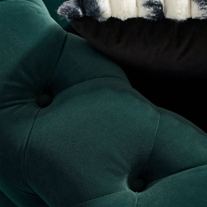 Chesterfield modern tufted sofa close-up emerald green velvet with tufted cushions on Tampa Home & Garden Store