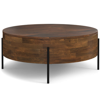 Round solid mango wood coffee table with dark brown finish and black metal legs, HouseOfZazla on Tampa Home & Garden Store