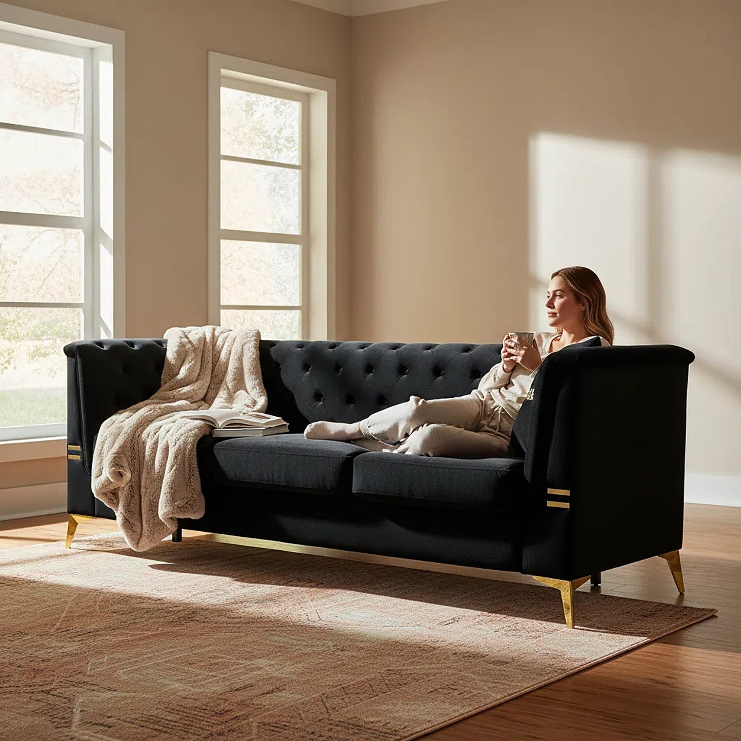 Contemporary Faux Sherpa Sofa and Two Pillows