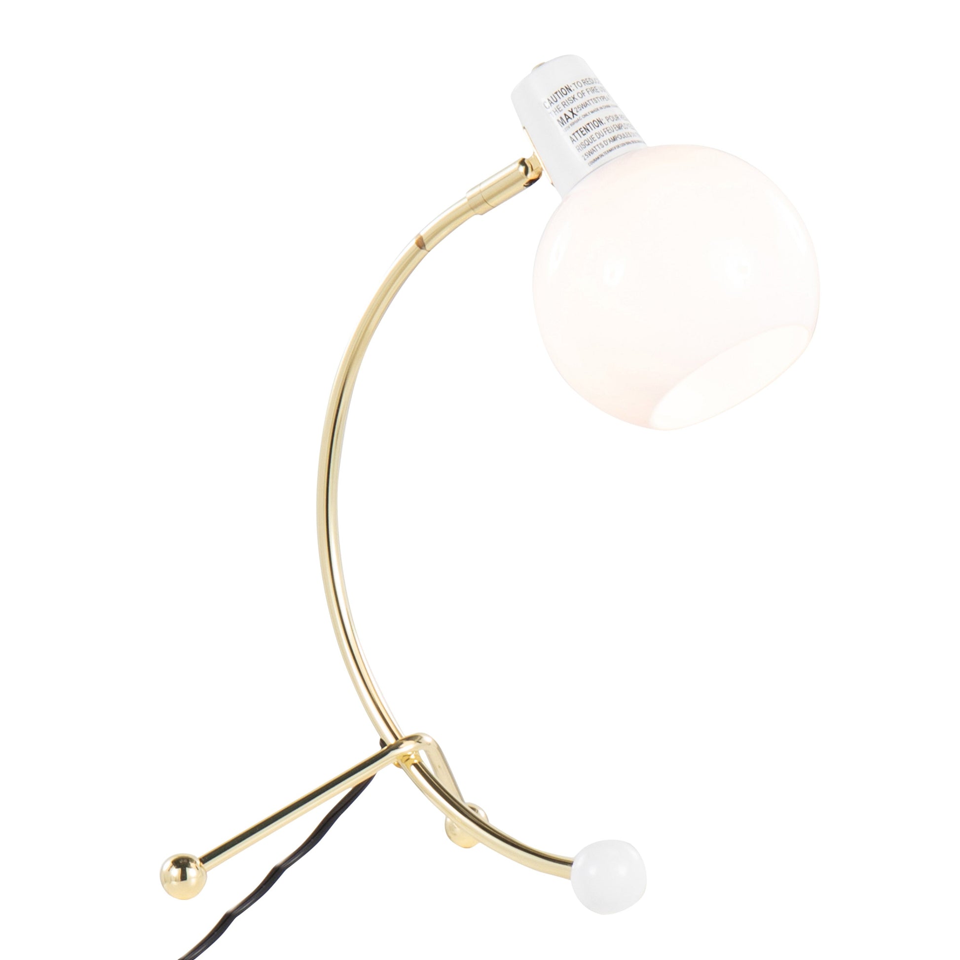 Eileen Contemporary Task Lamp with gold arc and white shade, visible black cord on Tampa Home & Garden Store
