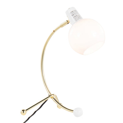 Eileen Contemporary Task Lamp with gold arc and white shade, visible black cord on Tampa Home & Garden Store