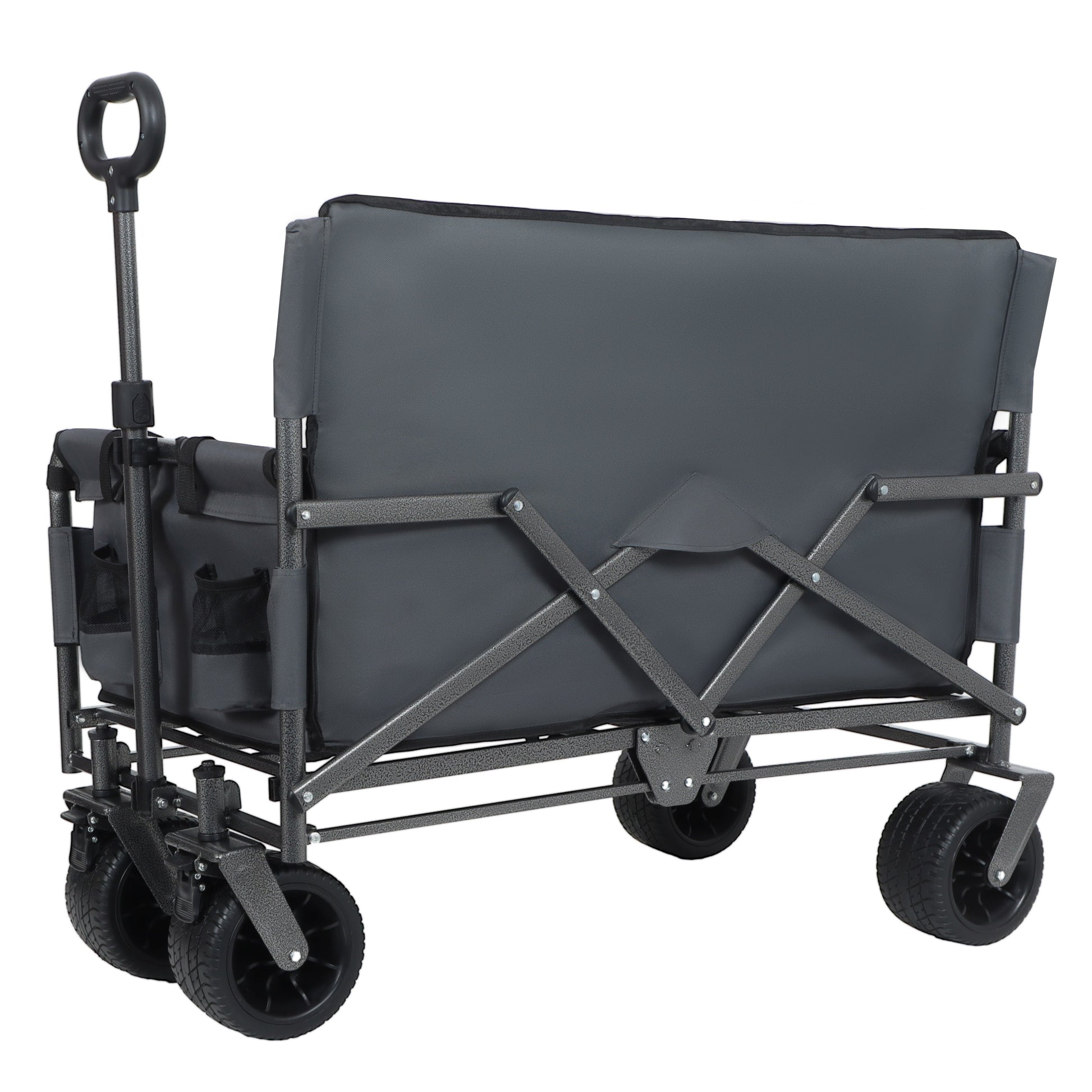 3-in-1 Convertible Folding Wagon Cart with Bench Seat and Storage, gray fabric, metal frame, large wheels on Tampa Home & Garden Store