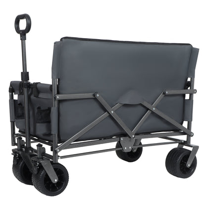 3-in-1 Convertible Folding Wagon Cart with Bench Seat and Storage, gray fabric, metal frame, large wheels on Tampa Home & Garden Store