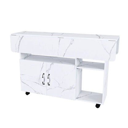 White marble-textured kitchen island with storage cabinet doors, open shelf, and wheels on Tampa Home & Garden Store