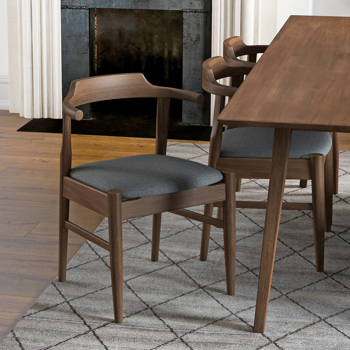 Mid-Century Modern dining chairs set of 2 in dark wood with gray upholstered seats on Tampa Home & Garden Store