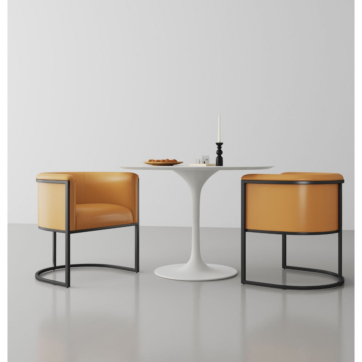 Cosmopolitan dining chairs by HouseOfZazla in orange faux-leather with geometric metal frame on Tampa Home & Garden Store