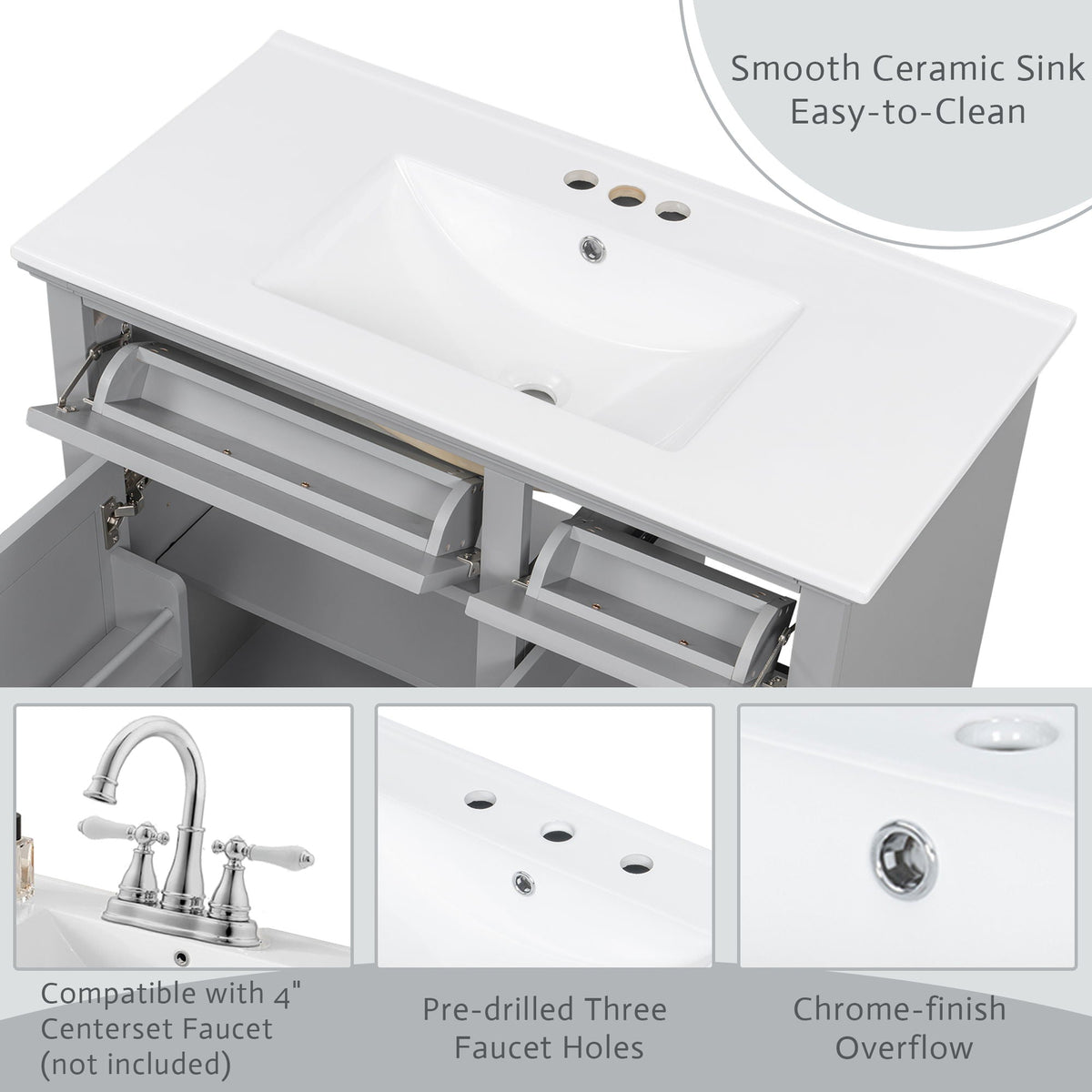 36-inch bathroom vanity with sink, white ceramic basin and three faucet holes, gray cabinet on Tampa Home & Garden Store