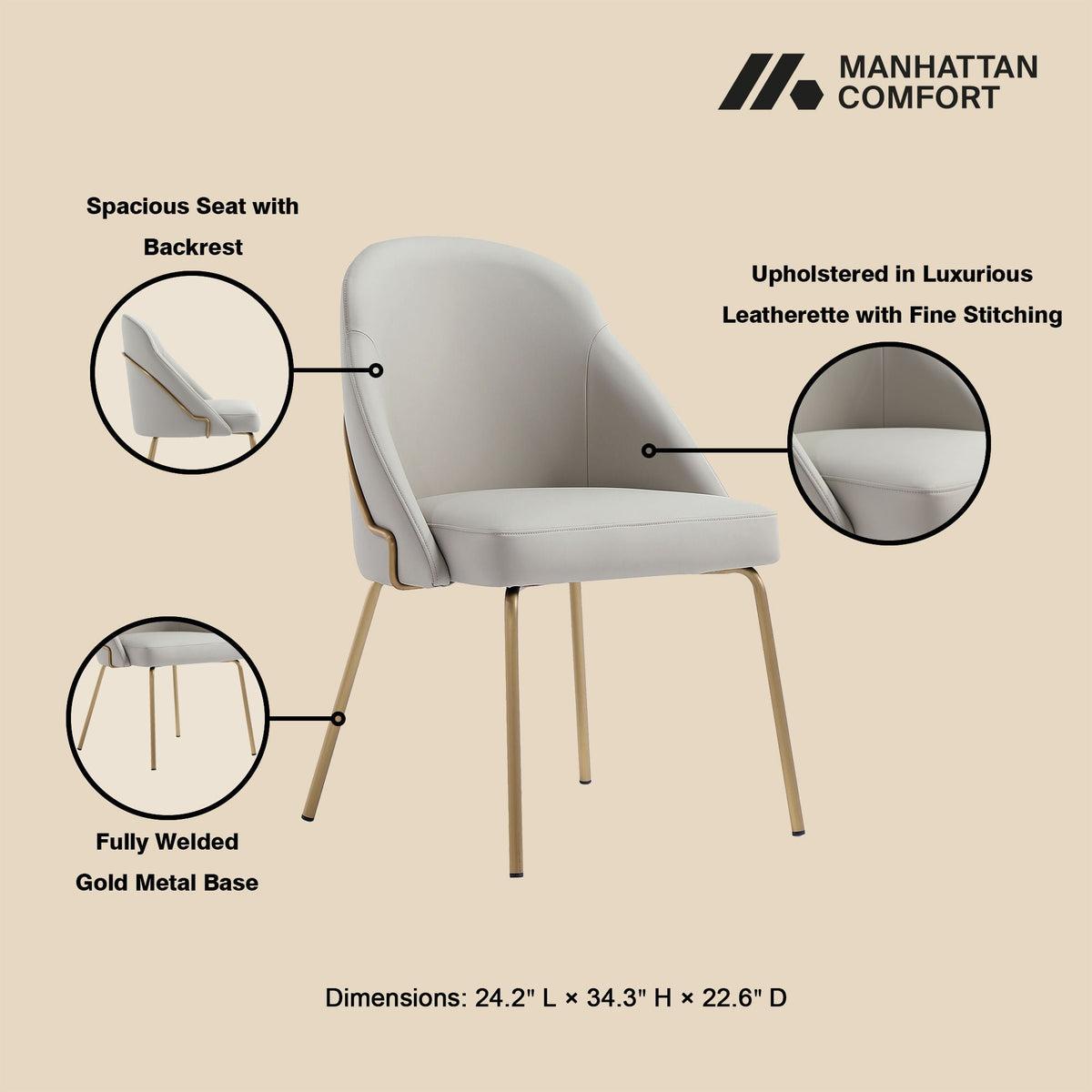 Upholstered Dining Chair with HD Foam, gray upholstery, gold legs by Manhattan Comfort on Tampa Home & Garden Store