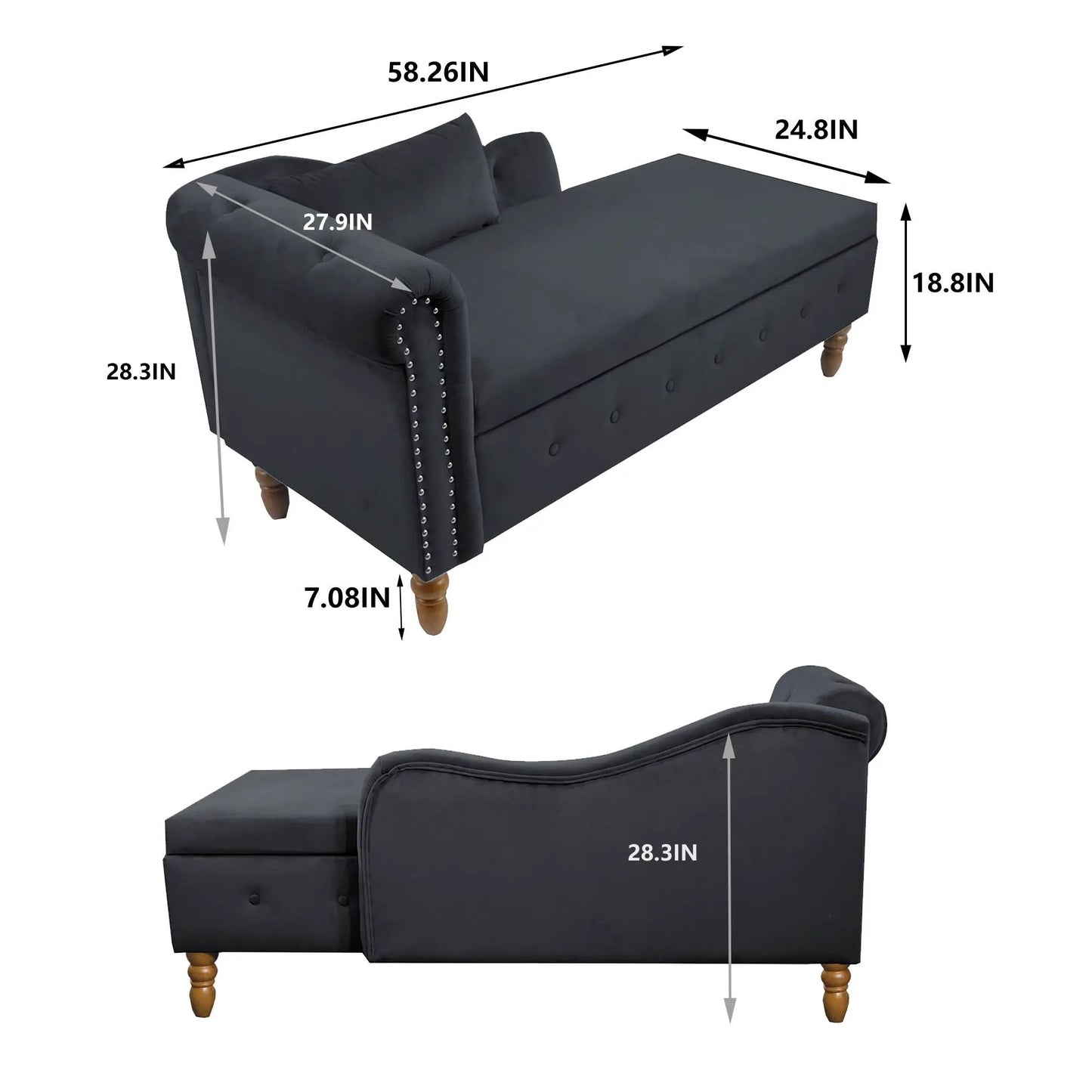 Chaise lounge by Unique Piece Furniture in gray upholstery with nailhead trim and pillow on Tampa Home & Garden Store