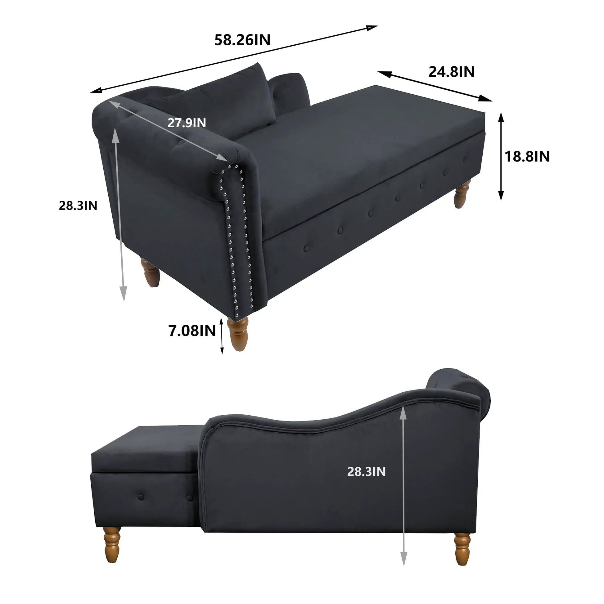 Chaise lounge by Unique Piece Furniture in gray upholstery with nailhead trim and pillow on Tampa Home & Garden Store