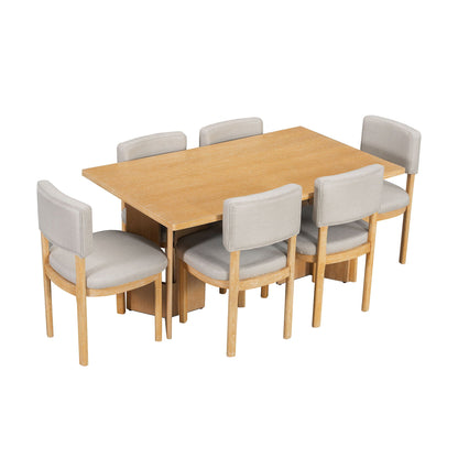 Dining table set with six beige upholstered chairs in light wood, HouseOfZazla 7-piece set on Tampa Home & Garden Store