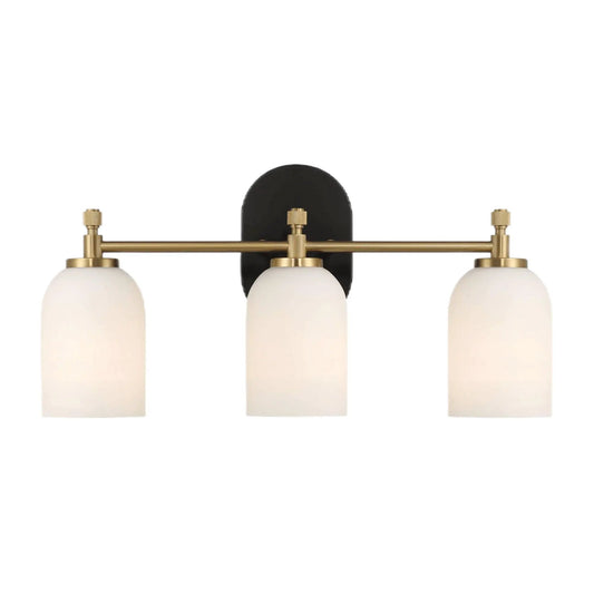 Meadows 3-light vanity wall light black backplate gold bar white glass shades for bathroom on Tampa Home & Garden Store