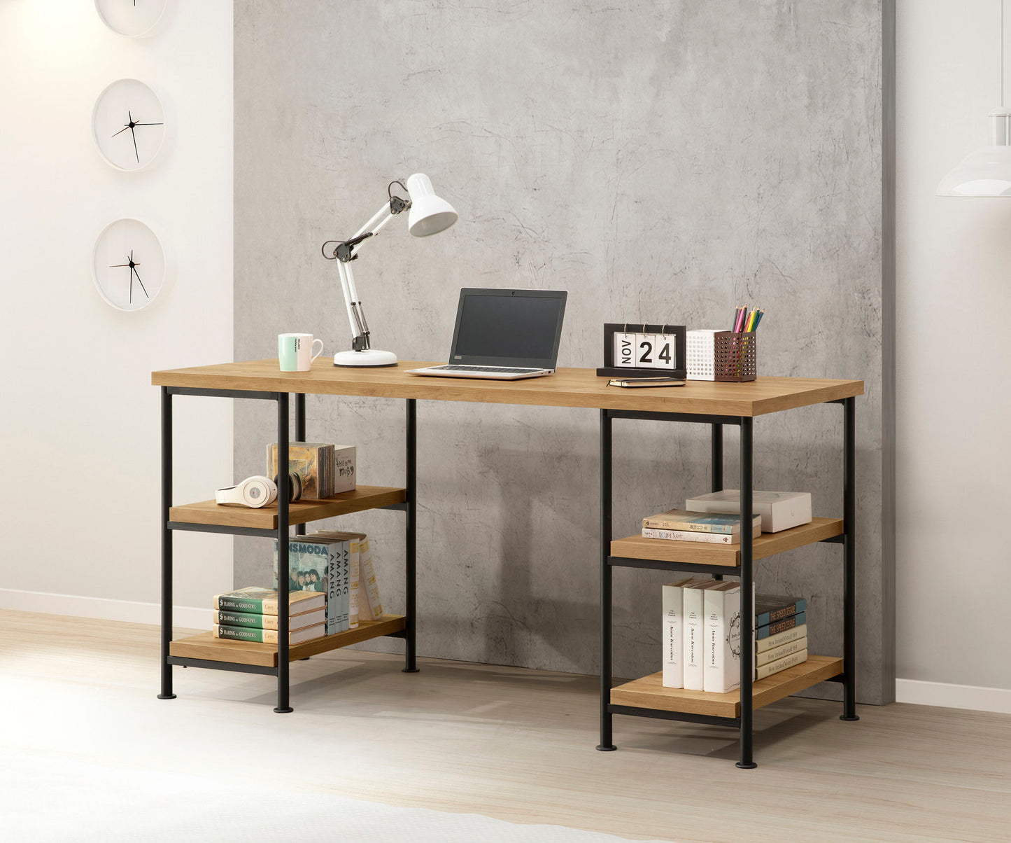 Golden Oak Desk with Four Storage Shelves