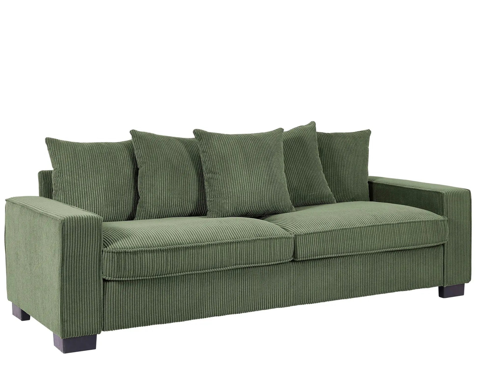 Luxe green corduroy 3-seater sofa with 5 matching toss pillows and sleek square arms by Unique Piece Furniture on Tampa Home & Garden Store