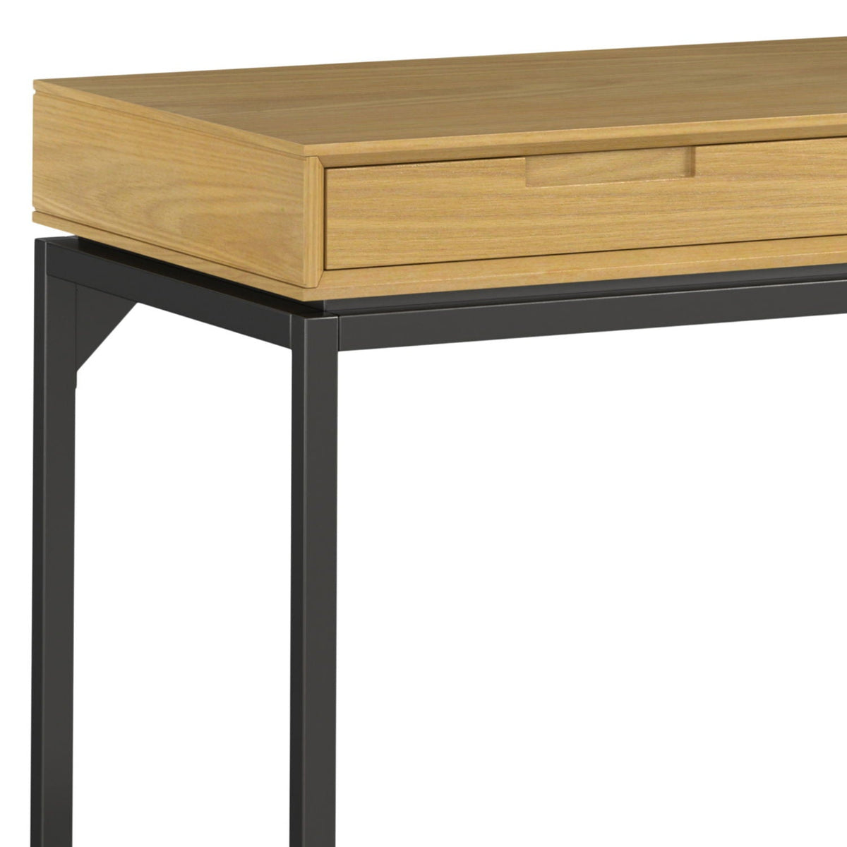 Mid Century Writing Desk with Storage in natural oak finish, one-drawer, black metal legs on Tampa Home & Garden Store