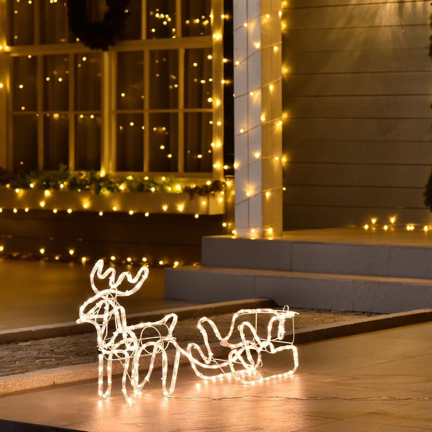 Outsunny 35ft LED Reindeer Sleigh outdoor Christmas decoration with warm white wire-frame lights on Tampa Home & Garden Store