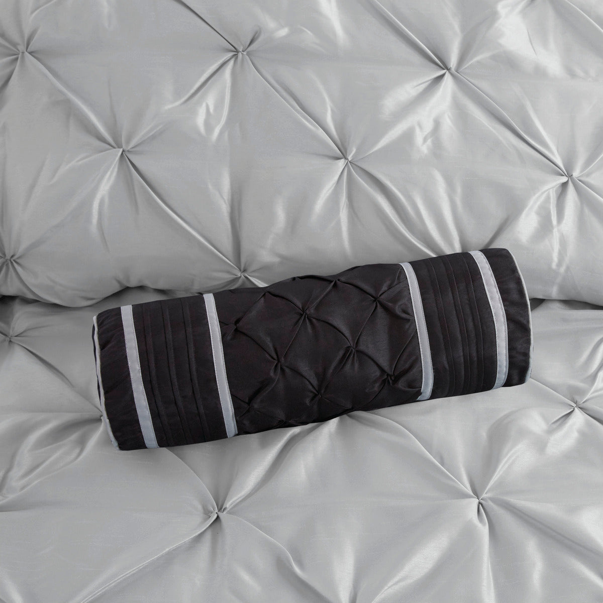 7 Piece Tufted Comforter Set Grey Full on bed with dark gray tufted bolster and silver stripes on Tampa Home & Garden Store