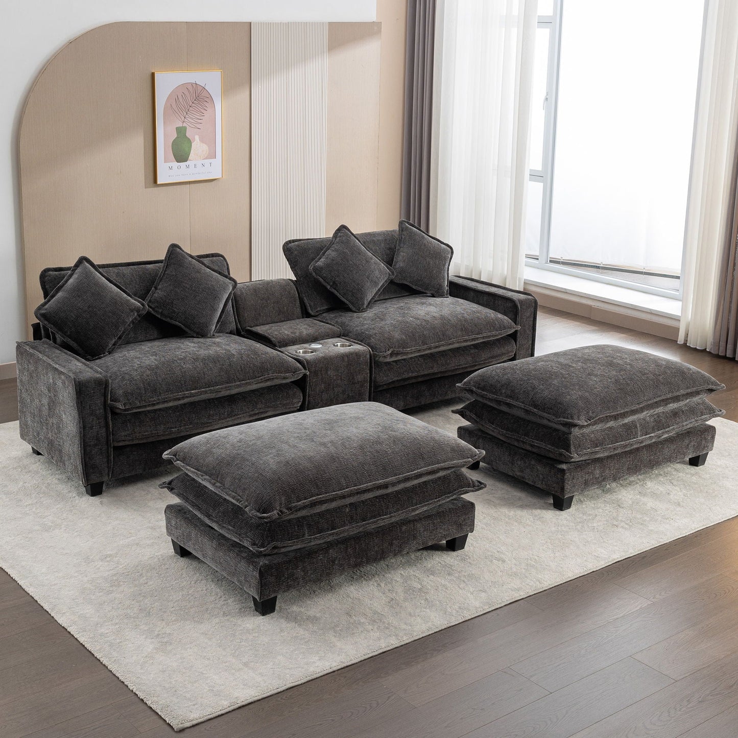 3-piece dark gray fabric sectional sofa with removable ottomans, USB ports, built-in cup holders on Tampa Home & Garden Store