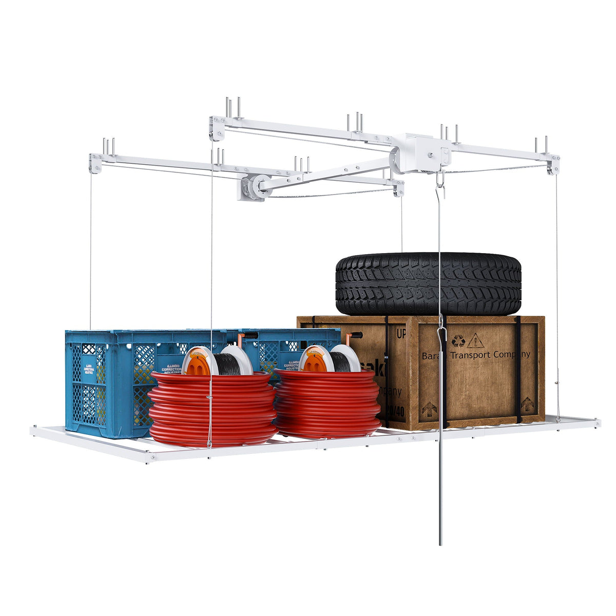 Overhead garage storage rack with crank system by HouseOfZazla, white ceiling-mounted on Tampa Home & Garden Store