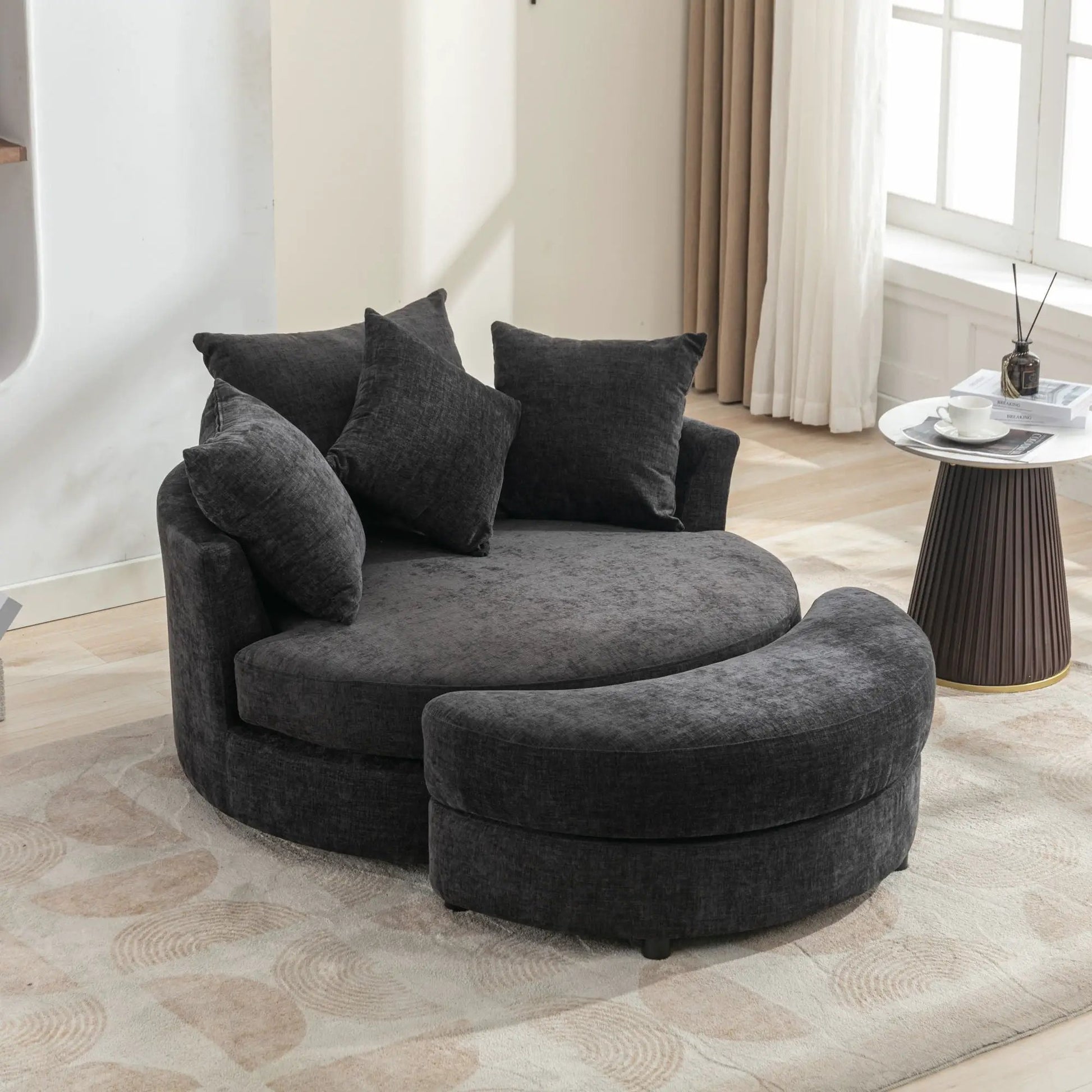 360° swivel accent barrel chair with storage ottoman in dark gray fabric and 4 pillows on Tampa Home & Garden Store