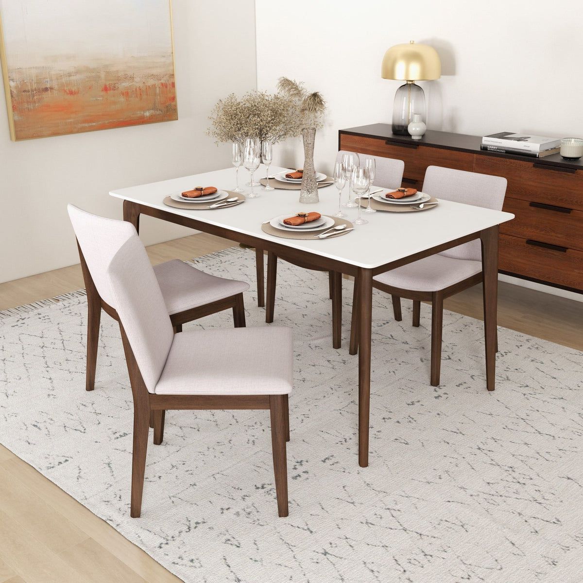Mid-Century dining chair set of six beige upholstered chairs around a white table on Tampa Home & Garden Store