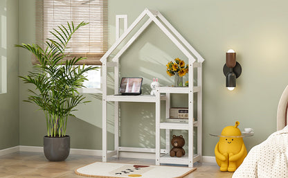 House-shaped Wooden writing Desk,Kids study Table,Bookshelf & Toy Storage,White - Tampa Home & Garden Store