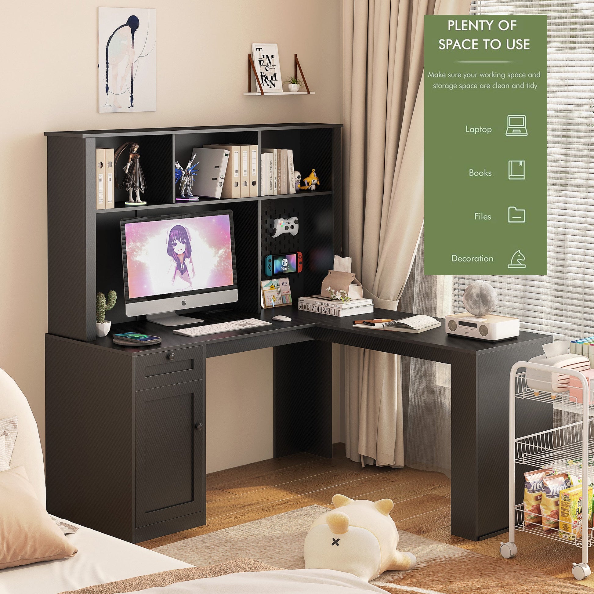 Writing desk with drawer bookshelf and charger, modern L-shaped desk with storage space, corner gaming computer desk - Tampa Home & Garden Store