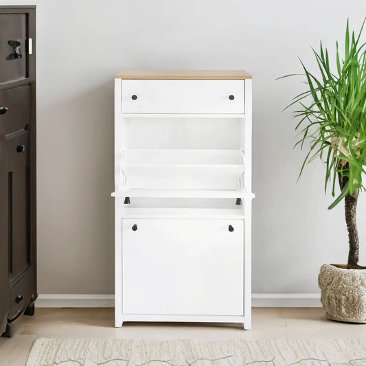 Ontrend Shoe Cabinet with 2 Flip Drawers in white with natural wood top on Tampa Home & Garden Store