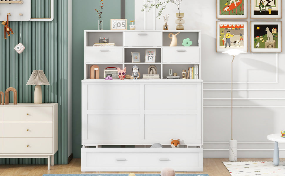 ueen Size Murphy Bed with Bookcase, Bedside Shelves and a Big Drawer, White - Tampa Home & Garden Store