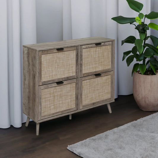 4-door freestanding shoe cabinet in weathered wood with woven rattan fronts for entryway on Tampa Home & Garden Store