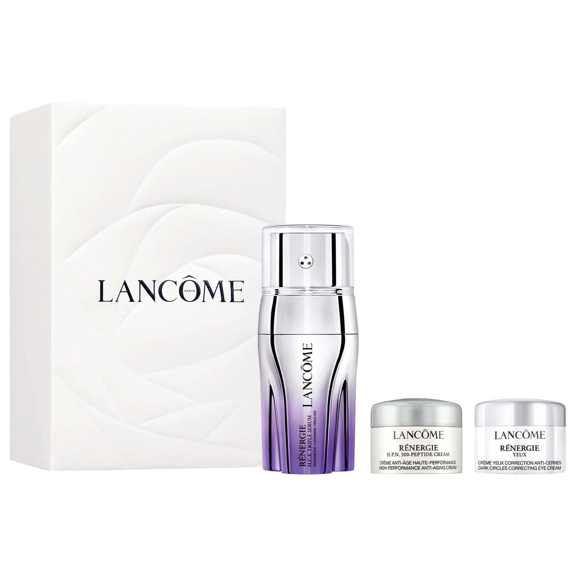 Lancôme Rénergie H.C.F. triple serum set with eye cream; white box packaging and silver bottle on Tampa Home & Garden Store