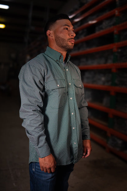 FR Pearl Snap Work Shirt Gunner Green by Static FR for work safety gear on Tampa Home & Garden Store