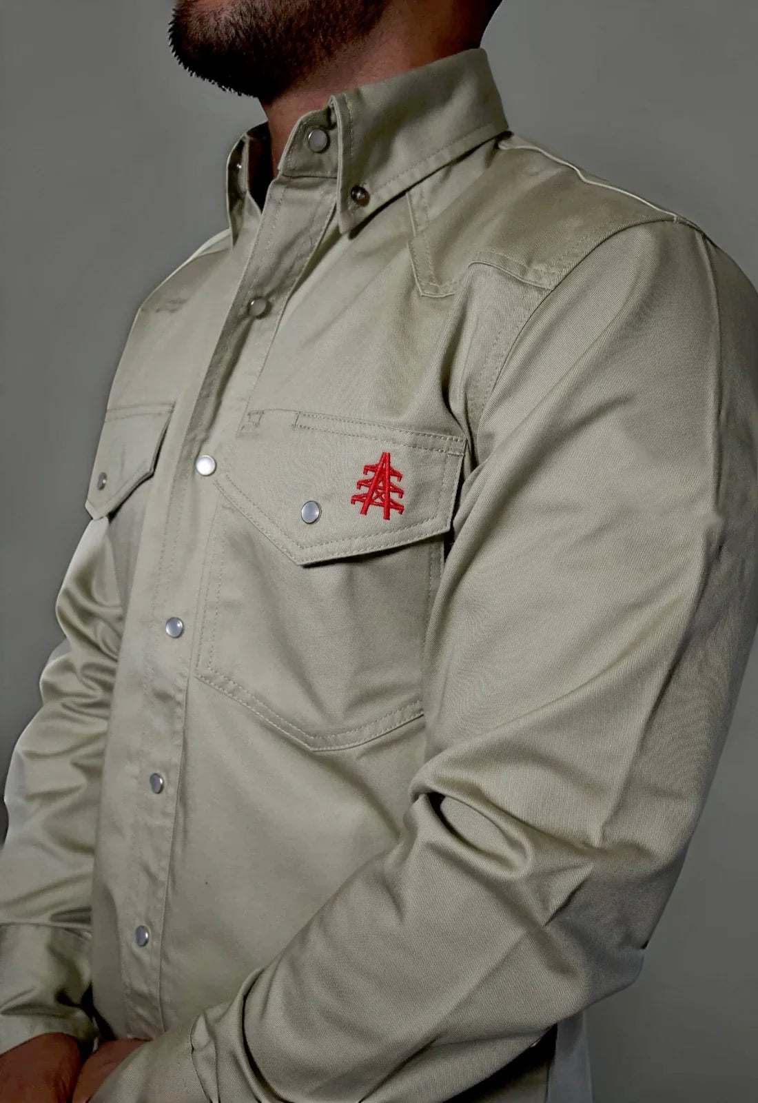 Static FR Western Style Pearl Snap Khaki Shirt with red logo embroidery on chest pocket on Tampa Home & Garden Store