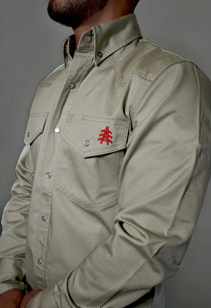 Static FR Western Style Pearl Snap Khaki Shirt with red logo embroidery on chest pocket on Tampa Home & Garden Store