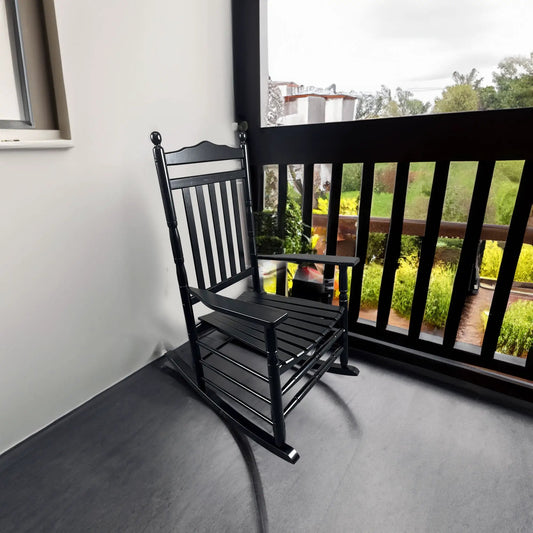 Balcony porch adult rocking chair black metal frame on a balcony railing on Tampa Home & Garden Store