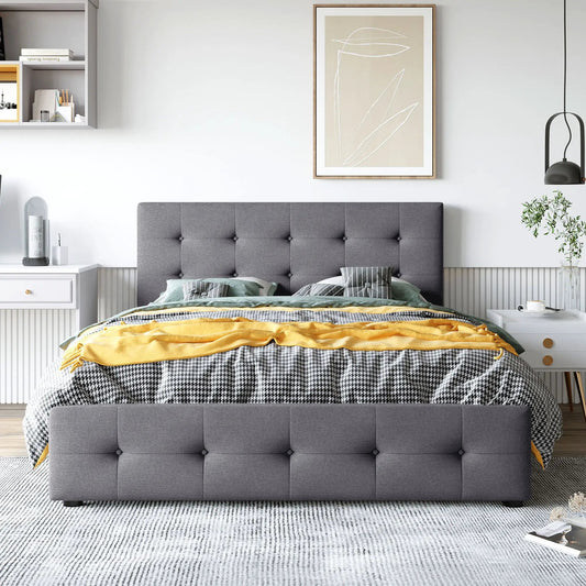 Upholstered queen platform bed with drawers in gray fabric VIP Digital Presence on Tampa Home & Garden Store