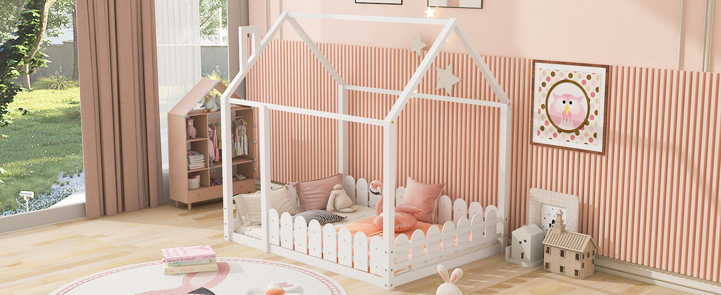 Full Size Wood Bed House Bed Frame with Fence for Kids (White)