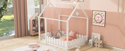 Full Size Wood Bed House Bed Frame with Fence for Kids (White)