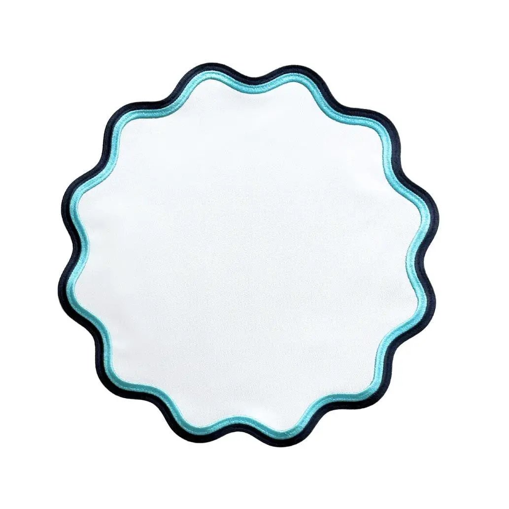 Mykonos Placemat with Blue Trim white turquoise navy scalloped border coastal tables on Tampa Home & Garden Store