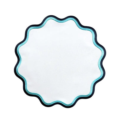 Mykonos Placemat with Blue Trim white turquoise navy scalloped border coastal tables on Tampa Home & Garden Store