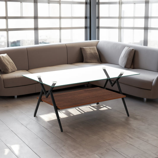 Rectangle Coffee Table with Tempered Glass top and Black Metal Legs, Modern Table for Living Room , Transparent Glass