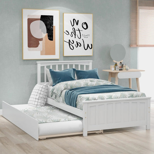 Twin Size Platform Bed with Trundle White with palm leaf bedding and teal pillows on Tampa Home & Garden Store