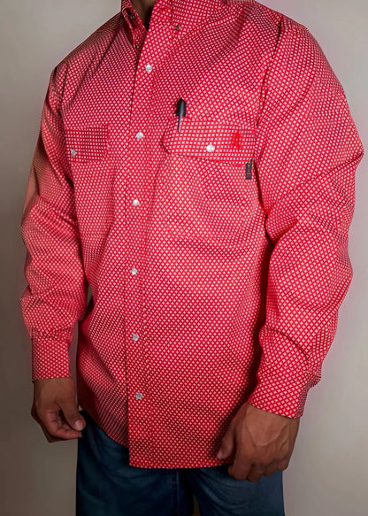 FR Pearl Snap Work shirt Alpha Red by Static FR, red with white cross pattern, chest pocket on Tampa Home & Garden Store