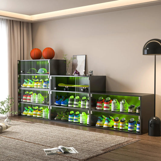 Black glass door sneaker cabinet with LED lighting for displaying colorful sneakers on Tampa Home & Garden Store