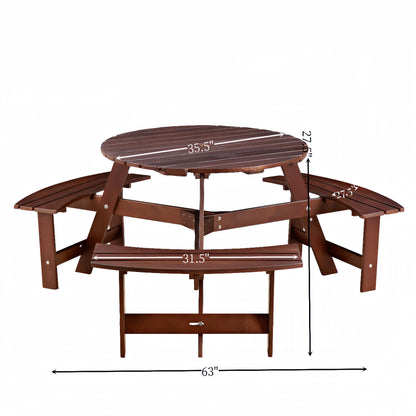 6-person circular picnic table with 3 built-in benches, umbrella holes, outdoor tables and chairs brown bench set - Tampa Home & Garden Store