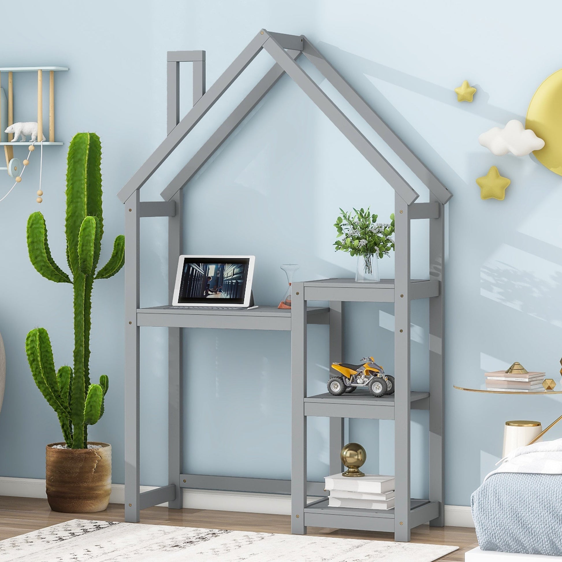 House-shaped Wooden writing Desk,Kids study Table,Bookshelf & Toy Storage,Grey - Tampa Home & Garden Store