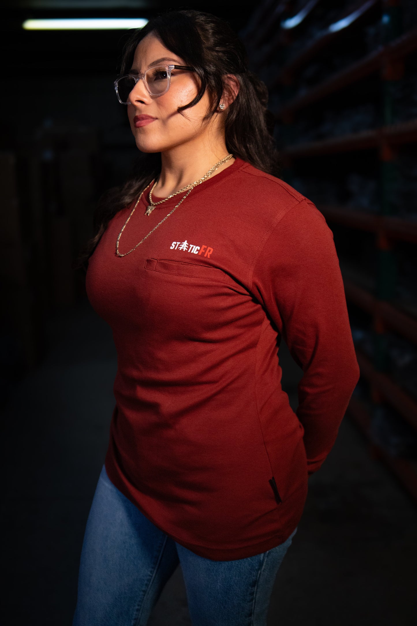 FR Women's Crew Neck shirt in wine red by Static FR with chest logo for work safety gear on Tampa Home & Garden Store
