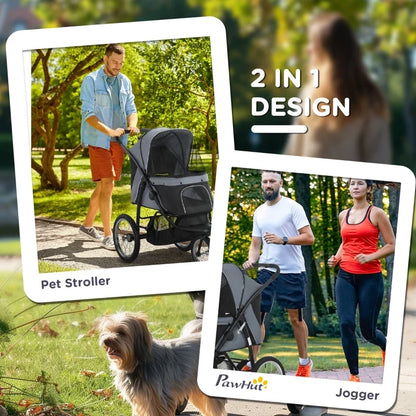 3-wheel pet stroller for small and medium dogs by PawHut, grey frame with canopy, 2-in-1 design on Tampa Home & Garden Store